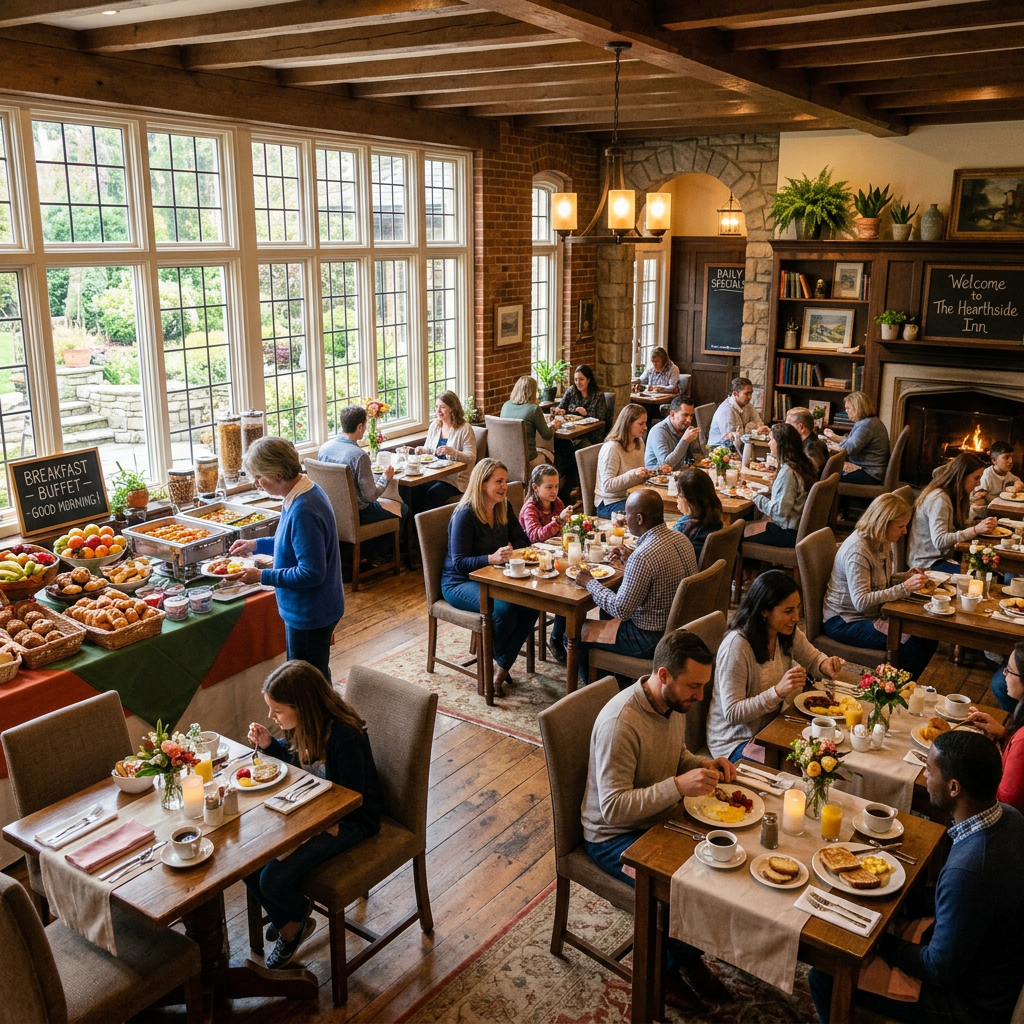 People eating breakfast together at tables in a cozy dining room with buffet spread and large windows