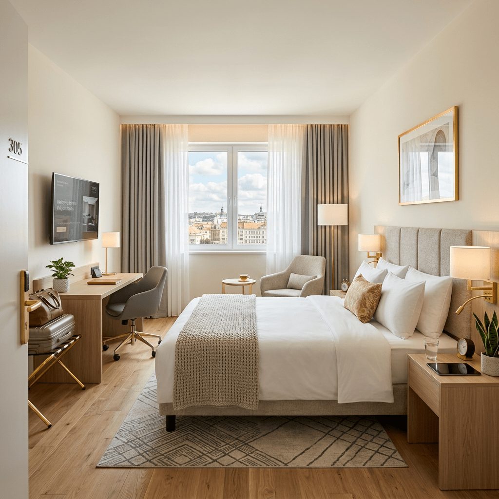 Hotel room with bed, desk, armchair, and window overlooking city